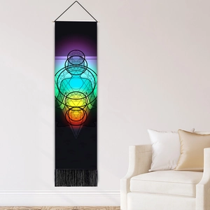 Bohemian Seven Chakras wall tapestry with sacred geometry and black tassels for yoga room