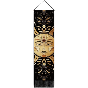 Bohemian sun tapestry wall hanging with golden patterns and black tassels for home decor