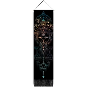 Bohemian black tapestry with mystical geometric star patterns and fringe tassels