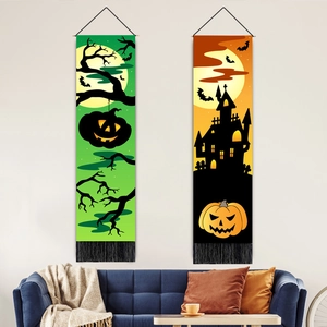 Halloween Wall Hanging Tapestry Cotton Linen Spooky Pumpkin Bat Ghost Print Decorative Poster With Tassels For Home Party