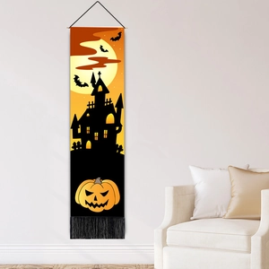 Halloween tapestry hanging banner with castle silhouette, full moon, pumpkin and black tassel
