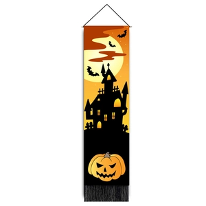 Detail of Halloween tapestry with full moon, castle, bats, pumpkins and black fringe