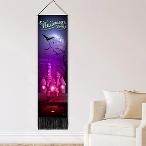 Halloween Party wall hanging with spooky castle and bat print plus black bottom tassels