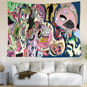 Détail d'une tapisserie pop art avec motifs abstraits d'yeux et de lèvres sur le mur