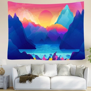 Detail of Nordic tapestry showing vector mountain sunset over a white sofa in a living room