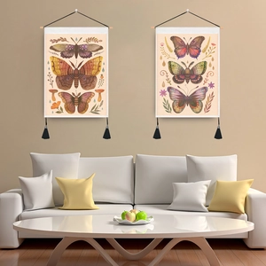 Vintage Butterfly Insect Botanical Tapestry With Wooden Hanging Rod And Black Tassel Decorative Wall Art For Home Decor