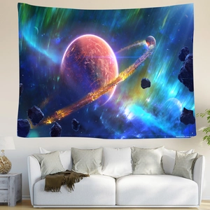 Detailed texture of interstellar planet tapestry with cosmic nebula over a modern sofa