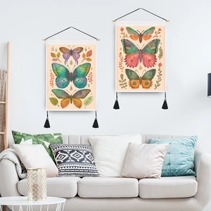 Set of 2 vintage butterfly wall tapestries with wooden poles and tassels for home decor