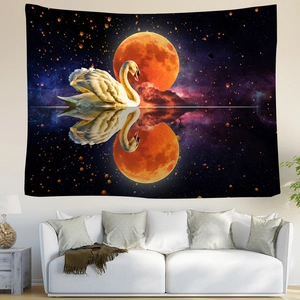 Swan and red moon tapestry hanging on white living room wall above a sofa
