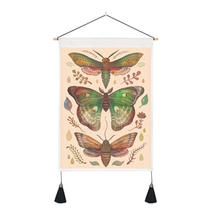 Vintage butterfly wall tapestry with wooden rod and tassels for home decor