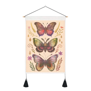 Vintage butterfly wall tapestry with floral motifs and elegant black tassels