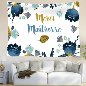 Arazzo da parete nordico con disegno floreale e testo Merci Maîtresse per decorazione