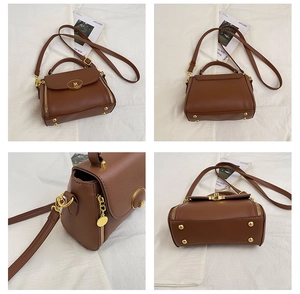 Multi-angle view of brown lychee leather handbag featuring gold hardware and M-logo buckle