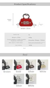 Detailed size specifications and multi-color view of rhinestone evening clutch bag