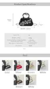Detailed view of floral rhinestone evening clutch with dimensions and six color options
