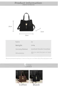 Detailed size chart and multi-way carry specifications for the PU leather bucket bag