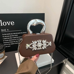 Luxurious Rhinestone Flower Evening Bag For Women Fashion Metal Sculptural Handle Box Clutch With Chain Shoulder Strap Party Handbag