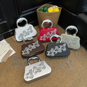 Elegant evening clutch bags with rhinestone floral patterns in six colors and metal chains