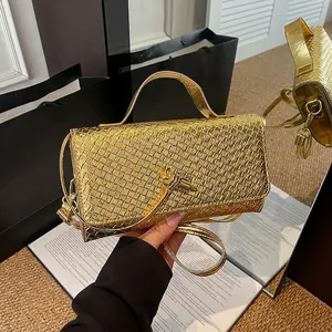 Woven PU Leather Baguette Bag With Knot Lock Evening Clutch Crossbody Shoulder Handbag For Women Fashionable