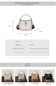 Detailed sizing chart and four color variants of the premium leather bucket handbag