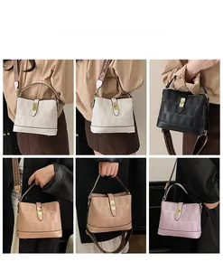Multiple views of stylish textured bucket bags in white, black, khaki, and pink colors