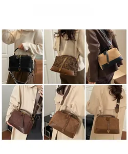 Detail shots showing suede pillow bag versatility with rivets and V-shaped buckle straps