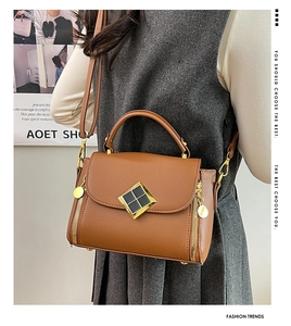 Détail du sac à main marron avec motif litchi, boucle dorée et pendentif métallique chic