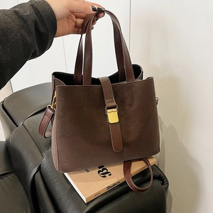 Women Retro PU Leather Bucket Bag Large Capacity Gold Hardware Handbag Adjustable Strap Casual Crossbody Daily Tote Bag