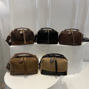 Vintage suede crossbody pillow bags set in leopard print, black, brown and khaki colors