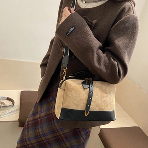 Retro color-block faux suede crossbody bag with diamond quilting and leather trim