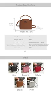 Detailed size chart and specifications for the PU leather bucket bag with metal buckle