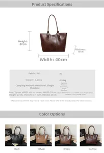 Detailed dimension chart for large capacity tote bag showing size and color options