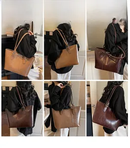 Retro tote bag in caramel brown and dark coffee faux leather with adjustable straps