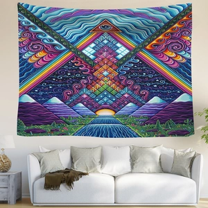 Makroaufnahme von psychedelischem Wandteppich mit Auge und Bergdesign für Wände