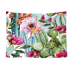 Arazzo da parete nordico con cactus artistico ad acquerello e fiori colorati