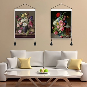 Vintage European Floral Oil Painting Wall Hanging Tapestry With Wood Rod And Tassel Polyester Cotton Art Poster For Home Decor
