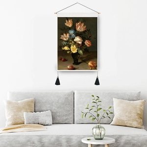 Vintage floral oil painting wall scroll with wooden frame and black tassels decoration