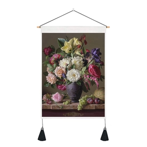 Detail of vintage floral oil painting tapestry with wooden hanging rod and black tassels