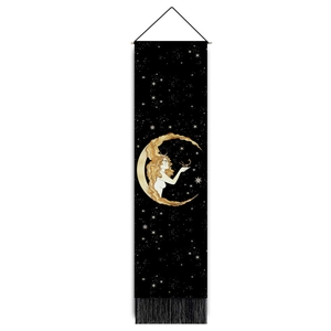 Schwarzer Wandteppich mit goldenem Mond und Sternen, Meerjungfrau-Motiv und Fransen