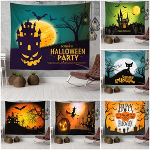 Polyester Halloween Tapestry Wall Hanging Pumpkin Witch Castle Cemetery Moon Pattern For Home Bedroom Living Room Party Decoration