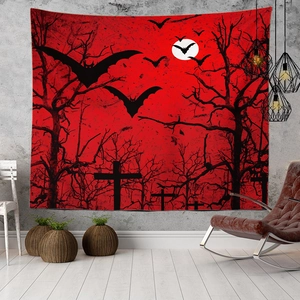 Macro shot of Halloween tapestry showing digital printing details on red polyester fabric