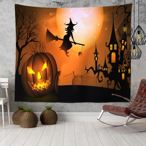 Halloween tapestry detail showing witch silhouette and glowing pumpkins on a grey wall
