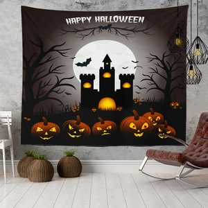 Detail of Halloween tapestry with jack-o-lanterns and castle print for wall decoration