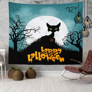 Detail of Halloween tapestry with black cat and full moon on a modern grey brick wall