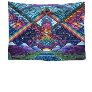 Psychedelischer Mandala-Wandteppich mit Auge der Vorsehung und Regenbogen-Bergen Deko