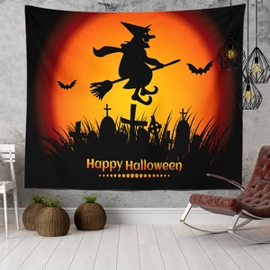 Halloween wall tapestry featuring a witch silhouette against a moon in a modern room setup