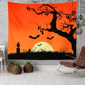 Halloween tapestry detail showing orange silhouette art of bats and owls on a room wall