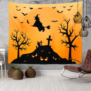 Halloween tapestry with witch and bats silhouette on orange background for home wall decor