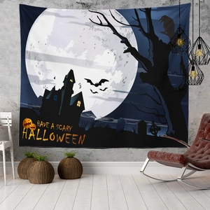 Close-up of Halloween tapestry with Gothic castle and full moon on a dark blue background
