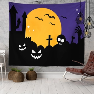 Detail of Halloween tapestry with purple moon and spooky castle on a modern wall